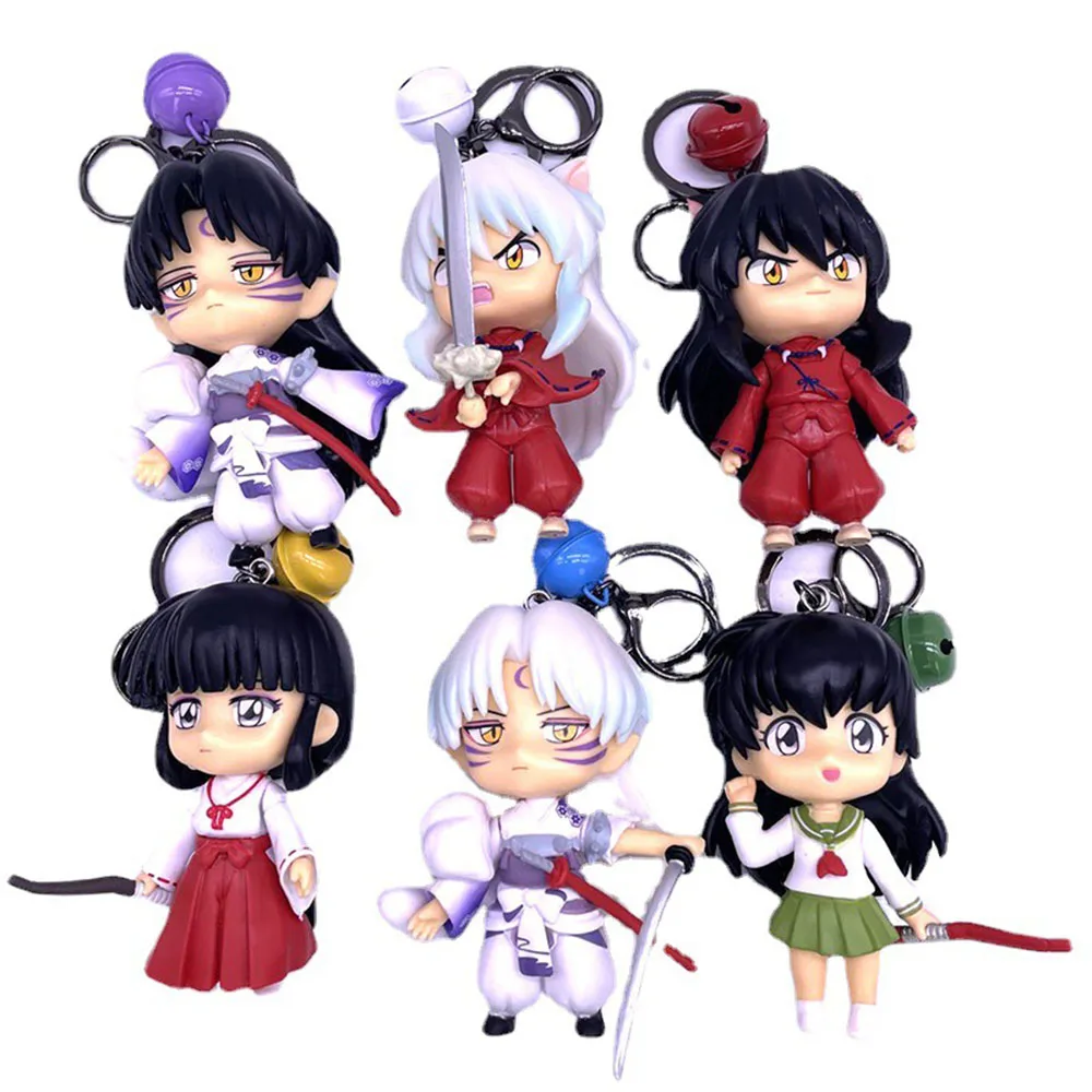 6Pcs/Set 10CM Inuyasha Q Version Sesshoumaru Higurashi Kagome Kikyo Keychain Bell Toys Pendant PVC Action Figure Model Keyholder