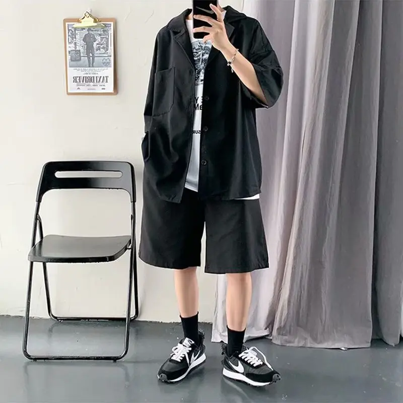 Summer Men\'s Sets Half Sleeve Blazer Suits Solid Short Sleeve Button Shirt + Shorts Korean Handsome Loose 2 Piece Set Outfits