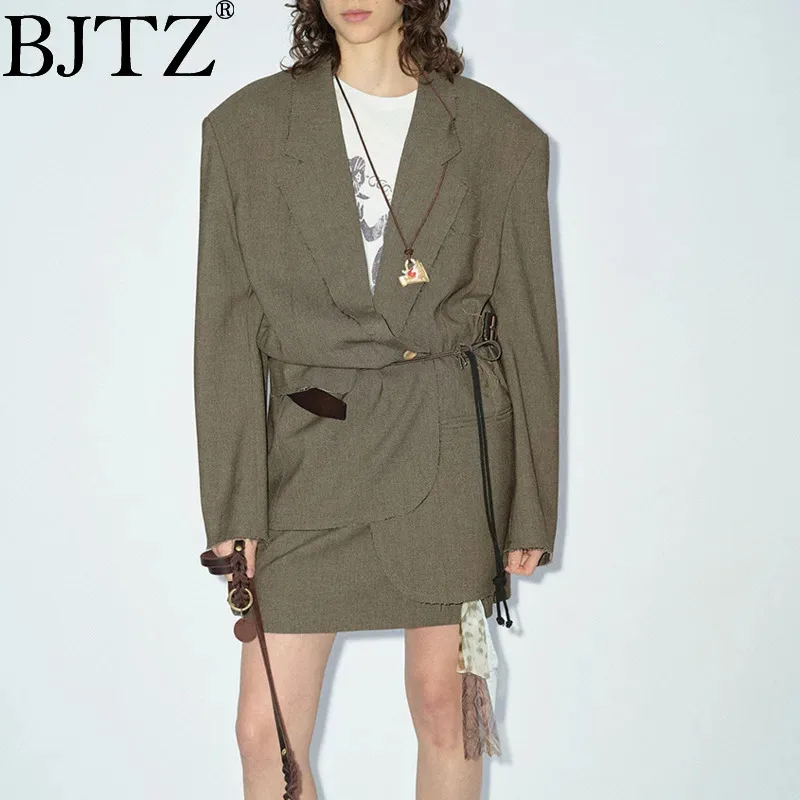 

BJTZ Pure Color Stylish Simple 2025 Spring Autumn Dewthread Sewing Process Fringe Loose Long-sleeved Suit Jacket Blazers Femme