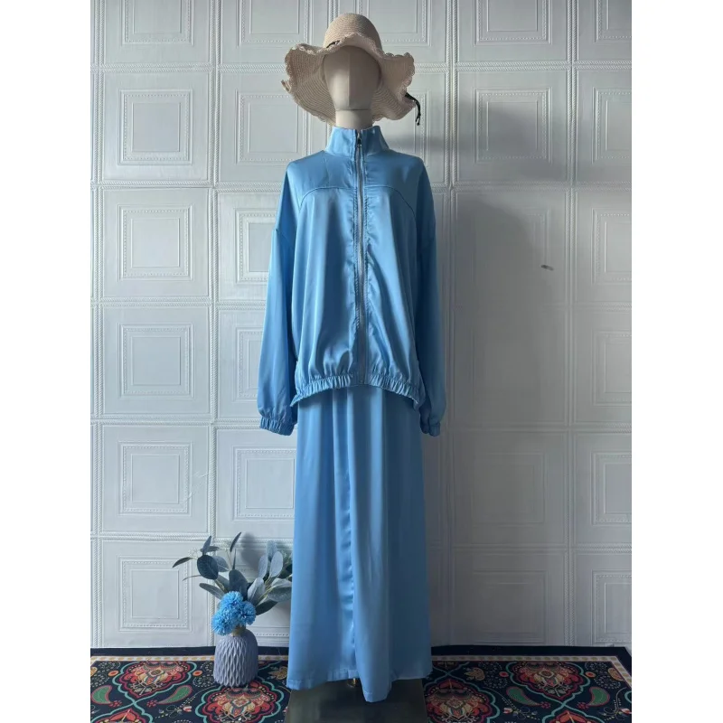 2025New Satin Sleeve Fashion Waist-Cinching Draped Long Dress Set Women