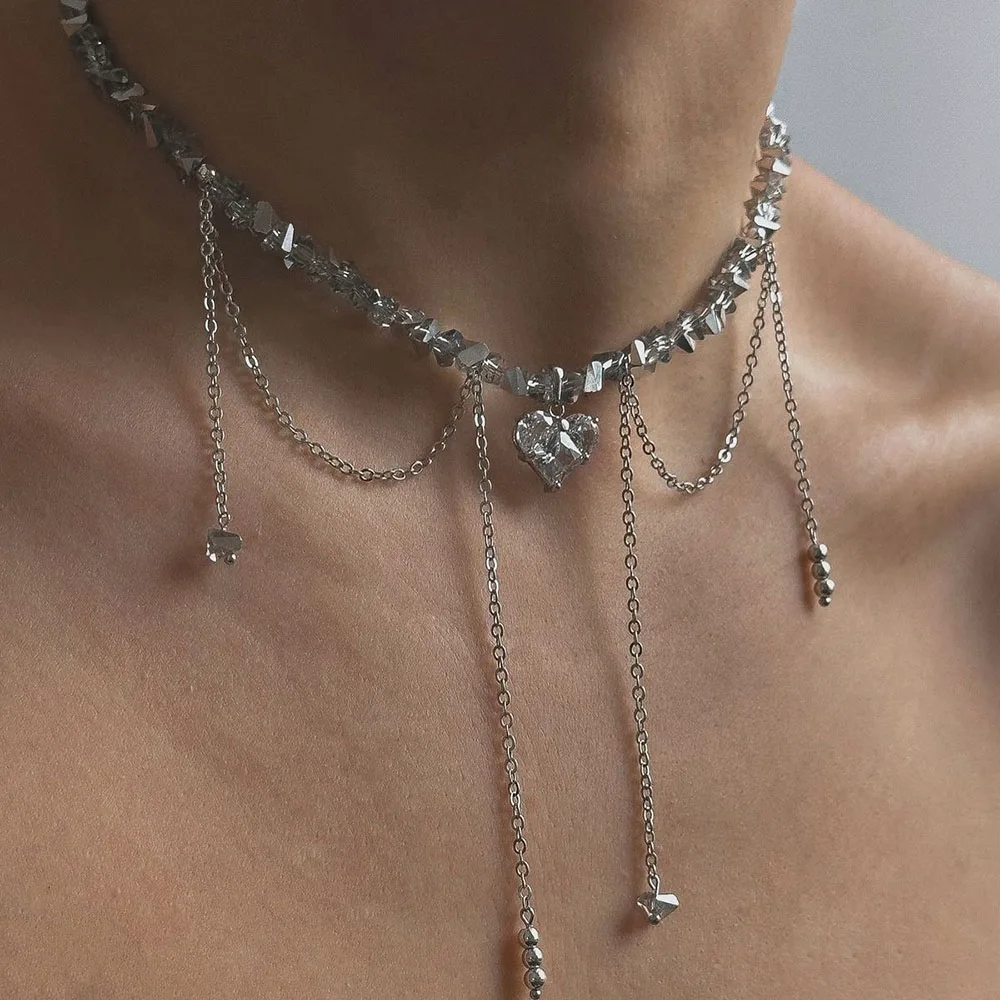 Boho Geometric Transparent Crystal Jewelry Fashion Vintage  Zircon Heart Pendant Tassel Necklace For Women Neelry