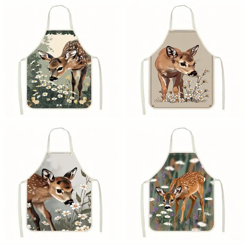 

Deer & Flower Aprons Linen Apron, Suitable For Kitchen Cooking, Parent-Child Interaction, Painting And Other Scenarios