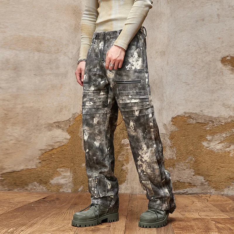 

American High Street Camouflage Print Design Wide Leg Jeans Men's Loose Straight Drooping Personality Motorcycle Trousers