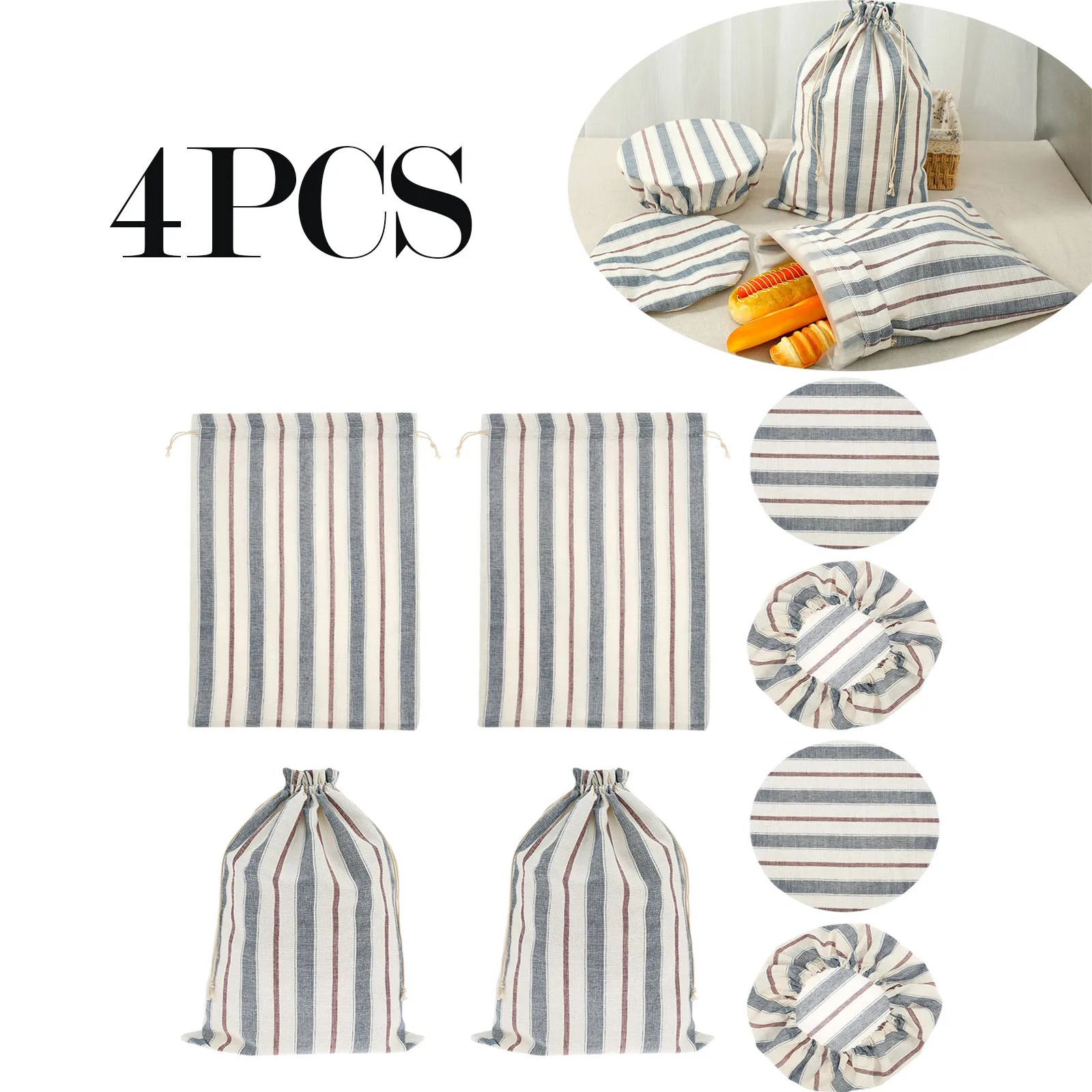 

4Pcs Linen Bread Bag with Bowl Cover and Drawstring Reusable Bread Bag Container for Household Kitchen Food Organization
