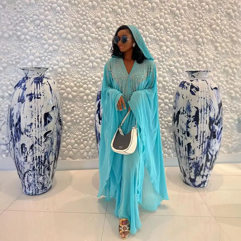 New Arriva african women dresses Rhinestone pearl plus size elegant dress Two-piece chiffon set african dress