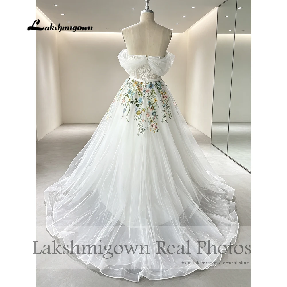 Lakshmigown Blumenstickerei Hochzeitskleid Schulterfrei Elfenbein A-Linie Trägerloses Brautkleid Echte Fotos Maßanfertigung – Detail 6
