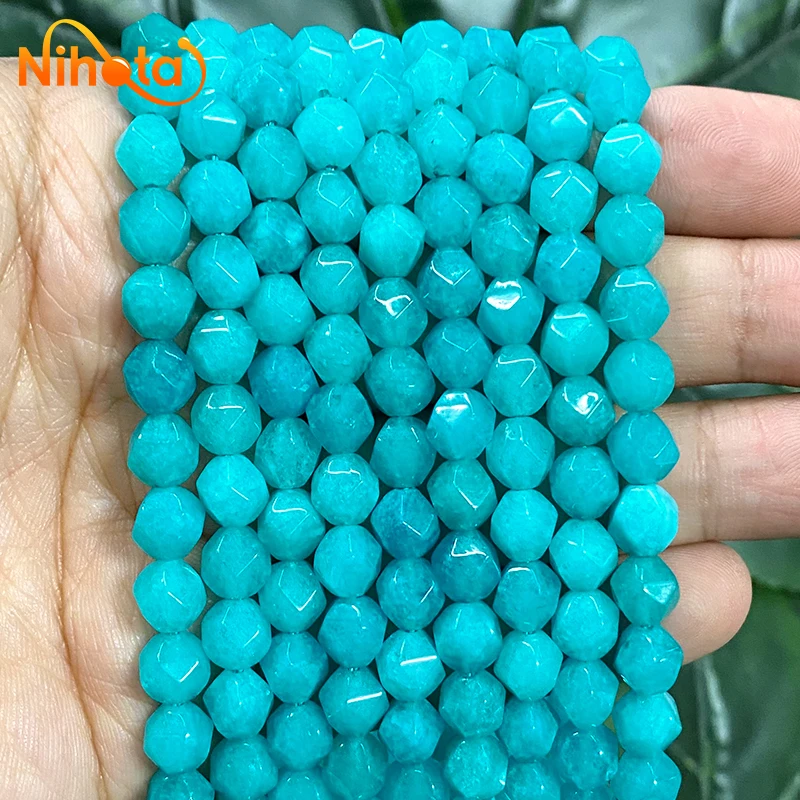 Natural Stone Beads Faceted Amazonite Blue Chalcedony Beads Bracelet Spacers Loose Beads 8mm for Making Jewelry 15