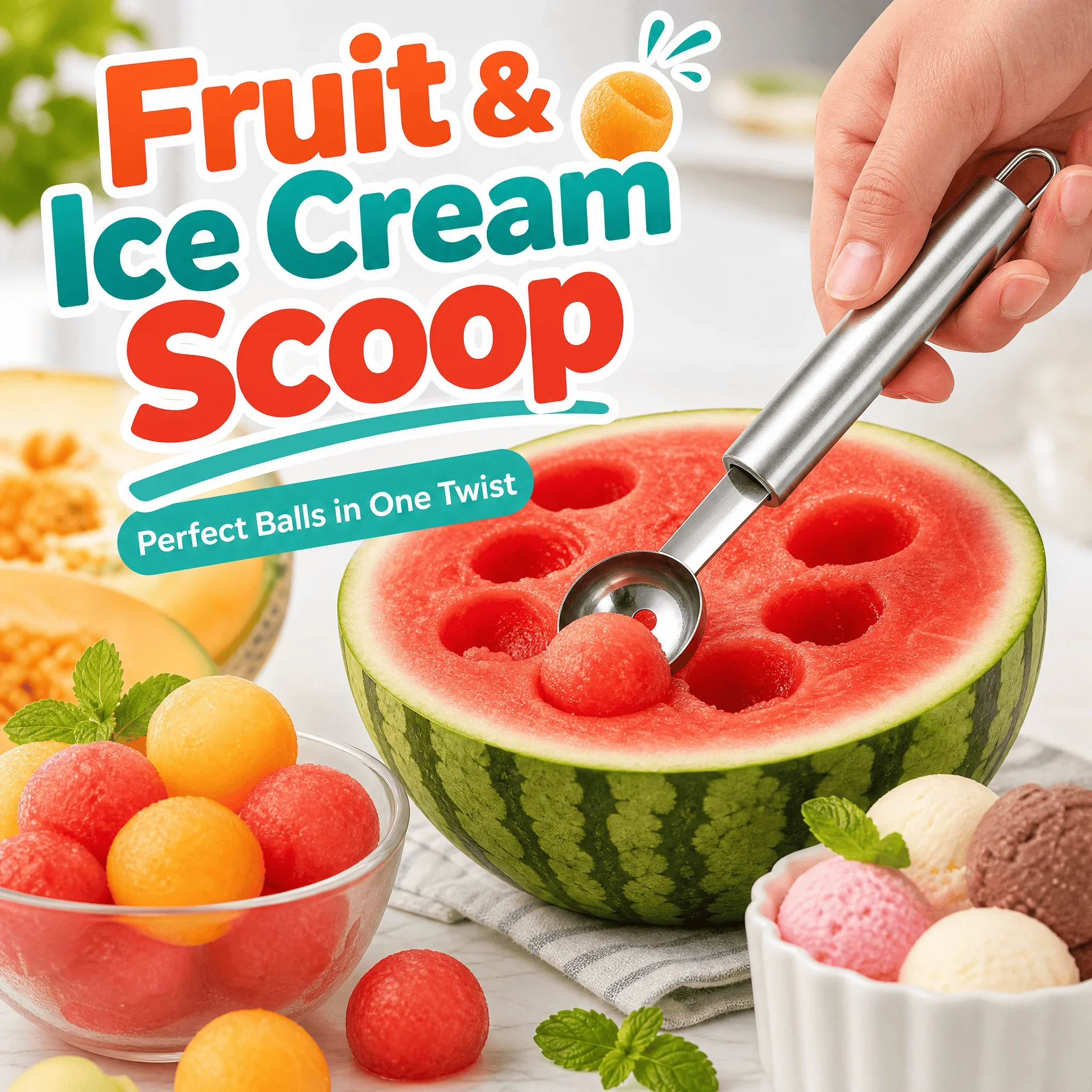 Stainless Steel Ice Cream Scoop 1Pc Fruit Baller Melon Baller Spoon Multifunctional Food Scooper For Watermelon Ice Cream Fruit Ball Making