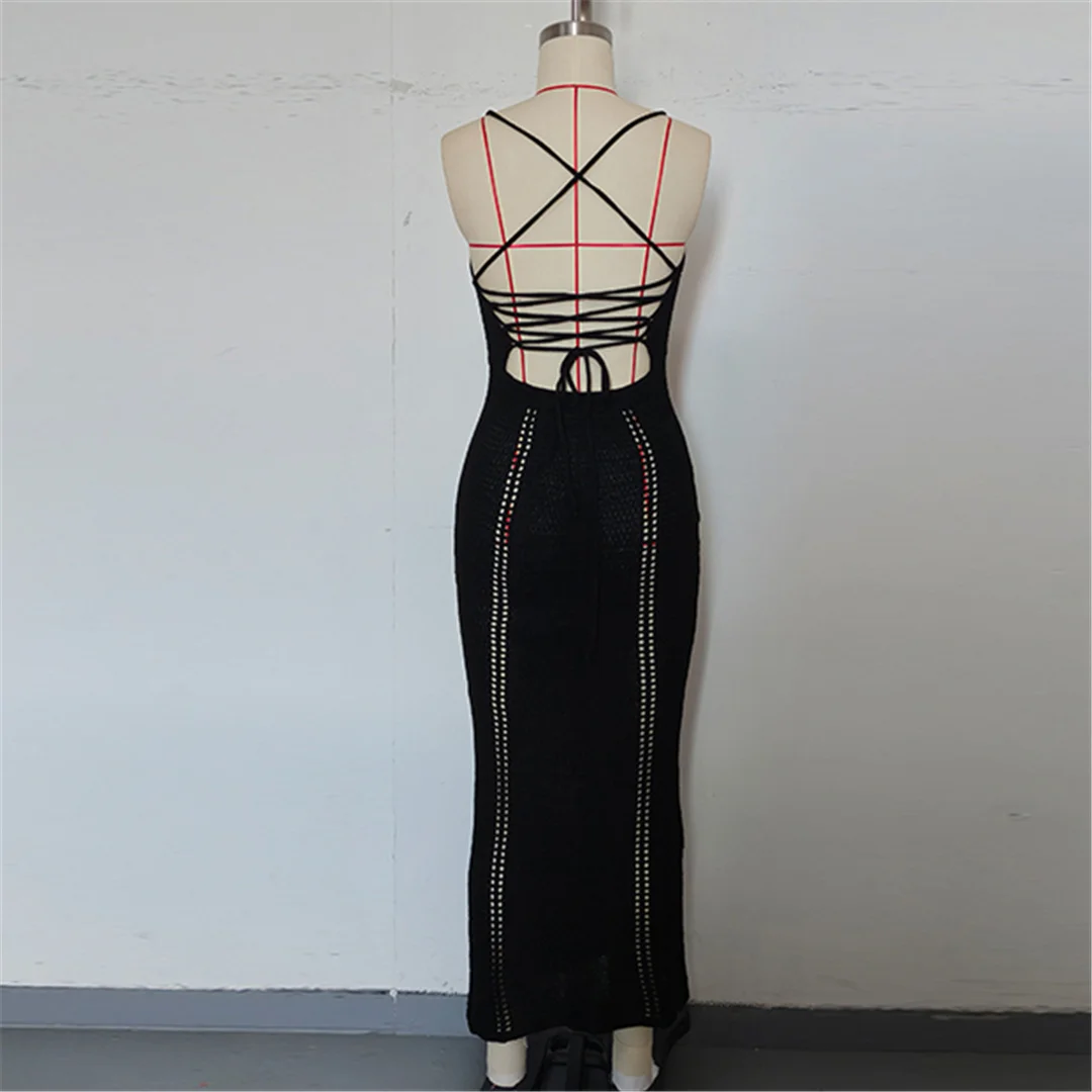 V-Ausschnitt, überkreuzter Rücken, ausgeschnittenes, gehäkeltes, gestricktes Tunika-Strandkleid, Strandkleid, Strandmode, Damen V7122 – Detail 8