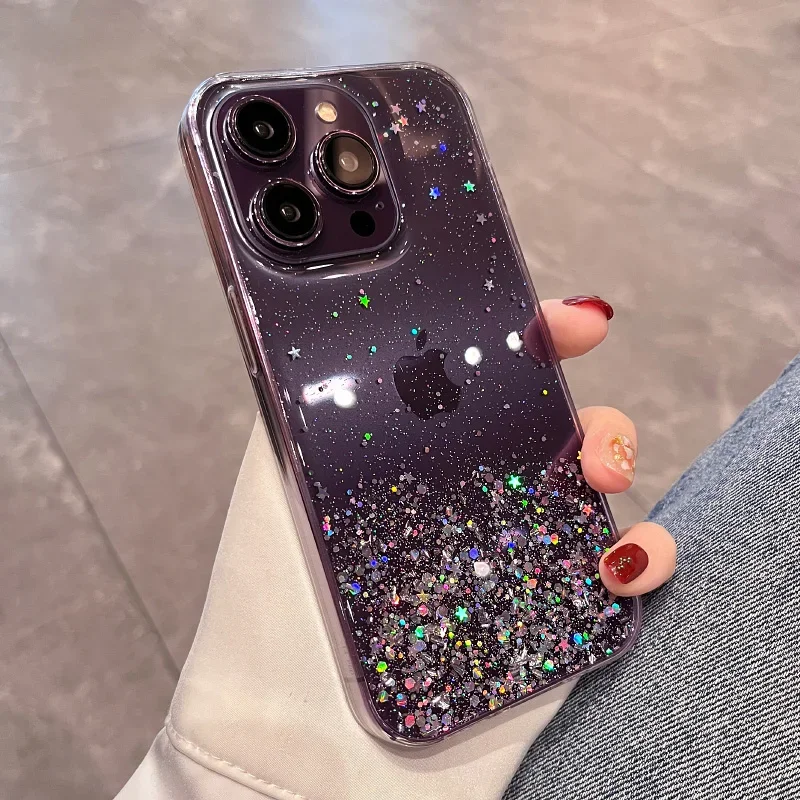 Glitter Sequin Phone Case For iPhone 16 15 14 13 12 11 Pro XS Max XR X SE 2022 2020 8 7 Plus Clear Soft TPU Back Cover L02