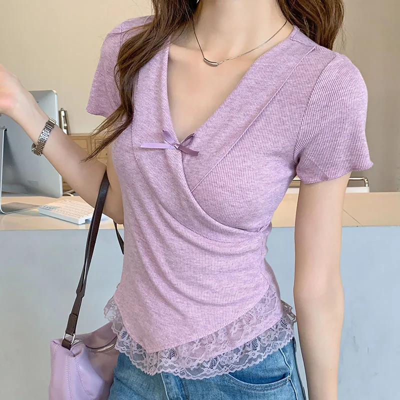 

New Fashion V-neck Lace Short Sleeve T-shirts Women 2025 New Korean Style Sweet Girls Slim Tee Shirt Woman Casual Tees Tops