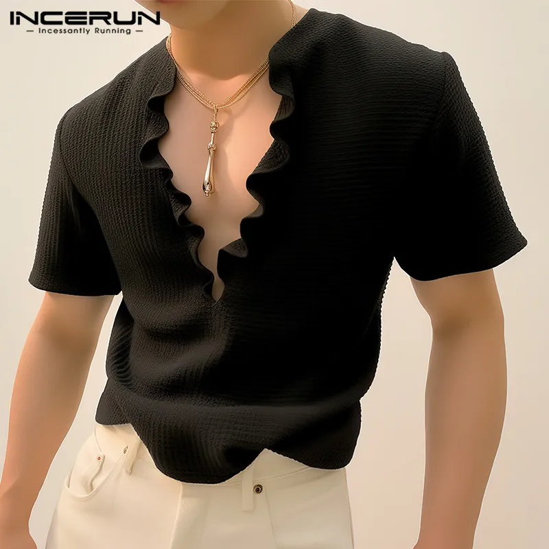 Handsome Well Fitting Tops INCERUN New Men Flounce Design Solid T-shirts Fashion Sexy Cardigan Short Sleeved Camiseta S-5XL 2024