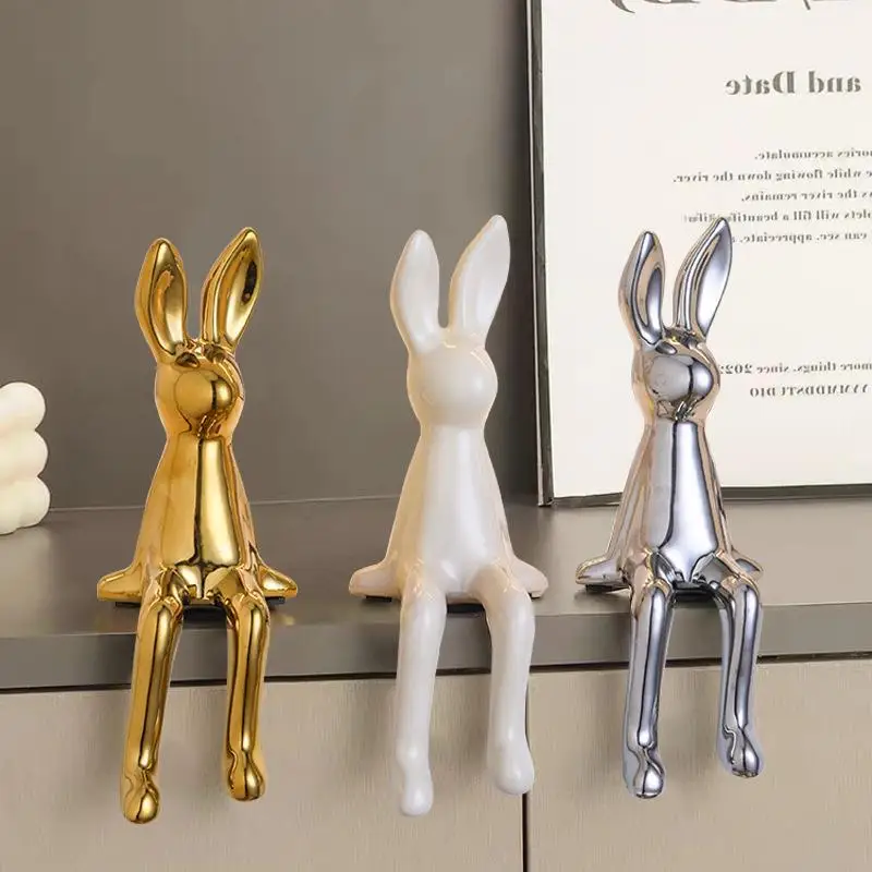 1PCS Ceramic Long-Eared Sitting Rabbit Room Ornaments Statue Luxury Home Decoration Accessories High-End Home Art Aesthetics