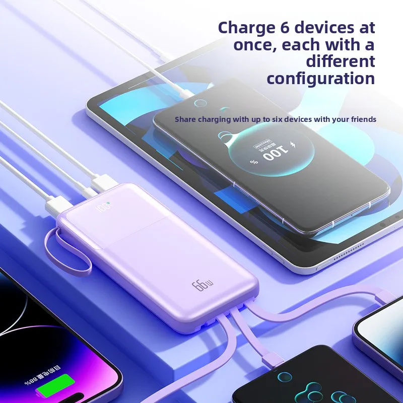 10000mAh Mobile Power Bank Cabos embutidos 66W Carregamento super rápido para iPhone para Xiaomi para Huawei para Samsung para IPad