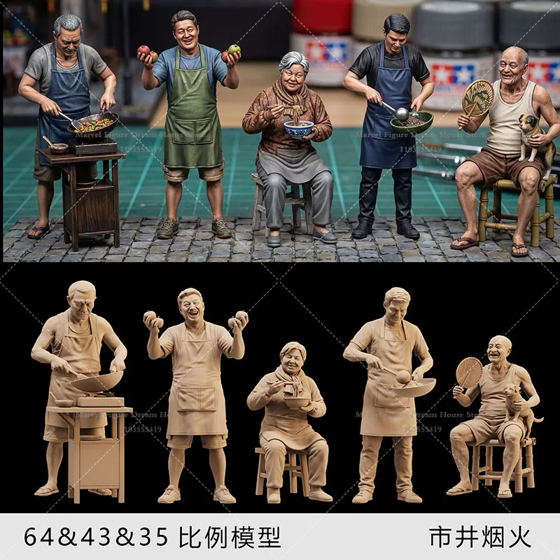 Figurine miniature à l'échelle 1/64, modèle féminin/masculin blanc non peint, ambiance urbaine et marché, ambiance décontractée.