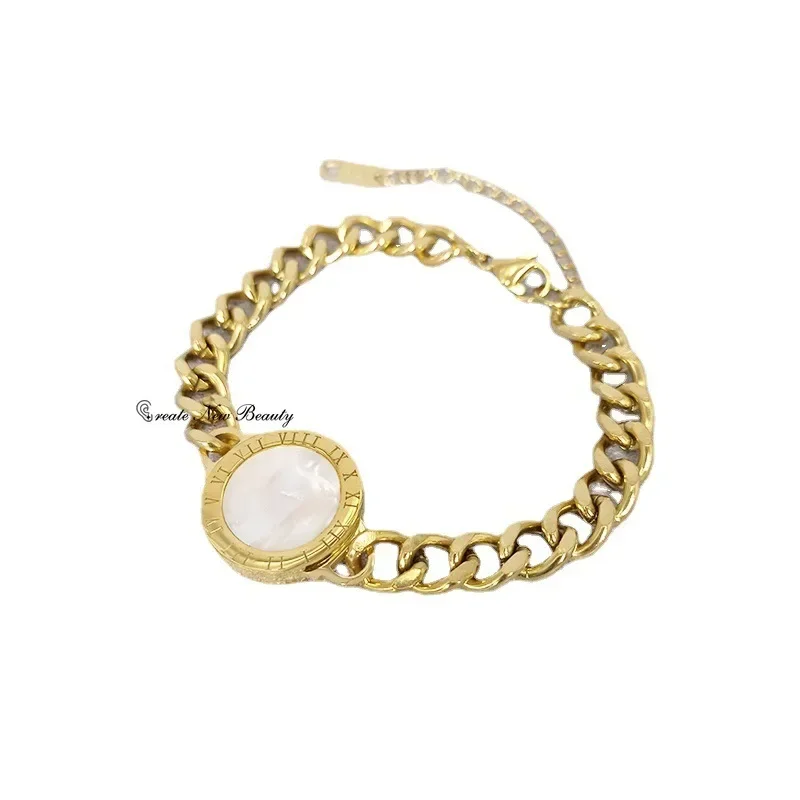 Stainless Steel Gold Color Bracelet Fashion Thick Link Chain Bangle Exquisite Simple Crystal Charm Jewelry Girl Gift Party