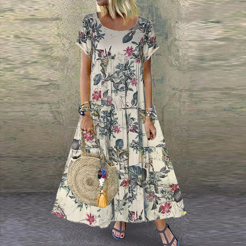 Vintage Floral Print Short Sleeve Round Neck Dress