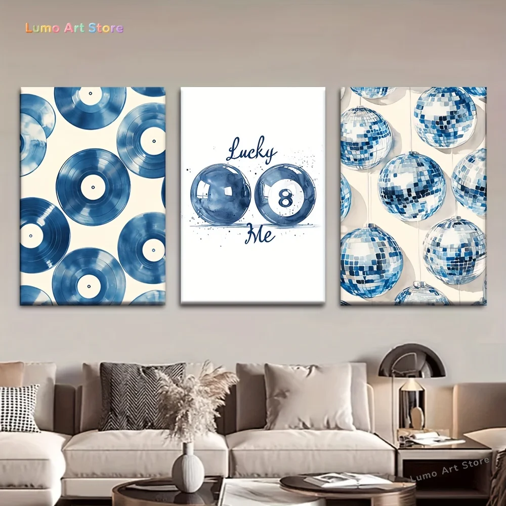 3pcs/set, Canvas painting--Unframed, Watercolor blue and white patterns with disco balls, billiards, Posters and prints, livi