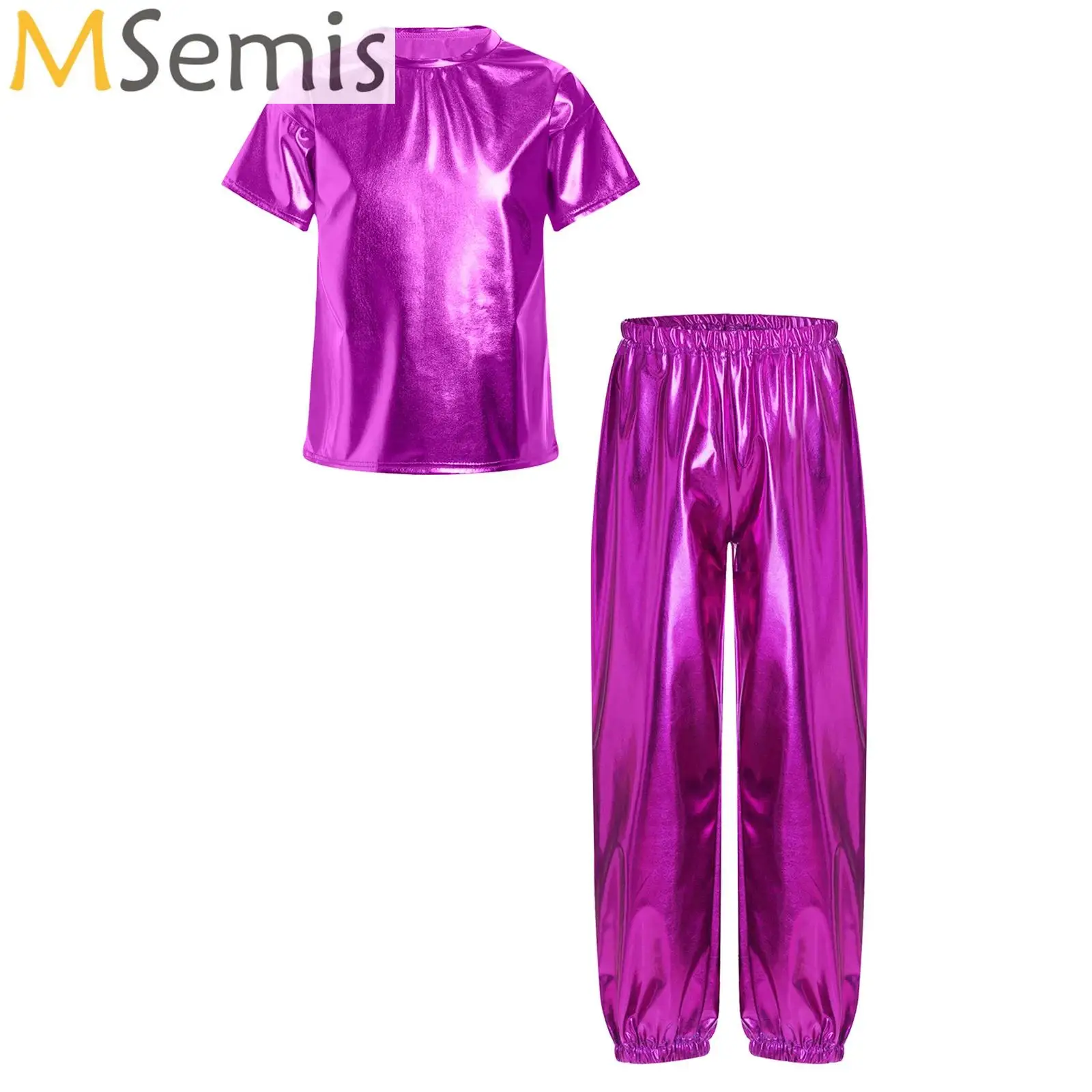 

Metallic Modern Jazz Dance Costume Children Girls Hip Hop T-shirt with Pants Dancewear Set for Party Performance Competition