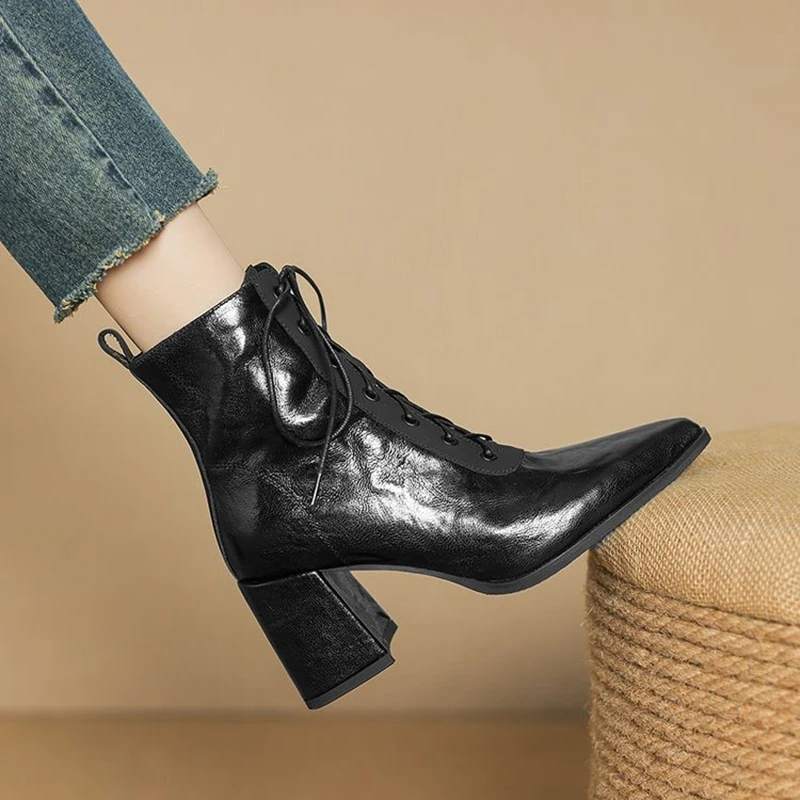 

НОВЫЕ осенние женские ботинки, женская обувь из натуральной кожи, туфли на массивном каблуке с острым носком, современные ботинки на молнии со шнуровкой, сапоги на высоком каблуке