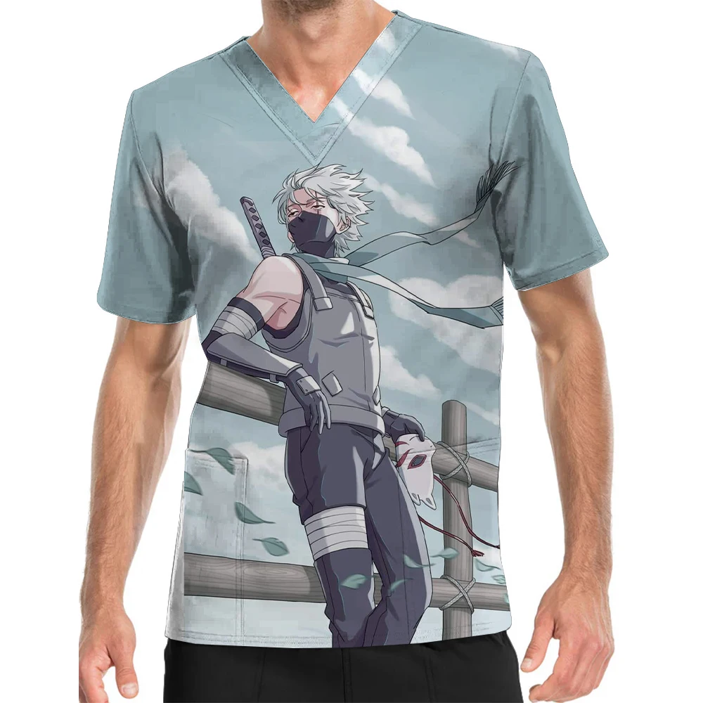 V-Neck Print Scrub Top Naruto Kakashi Comfort Loose Hair Salon Dental Nursing Clothes Men Work T-Shirt