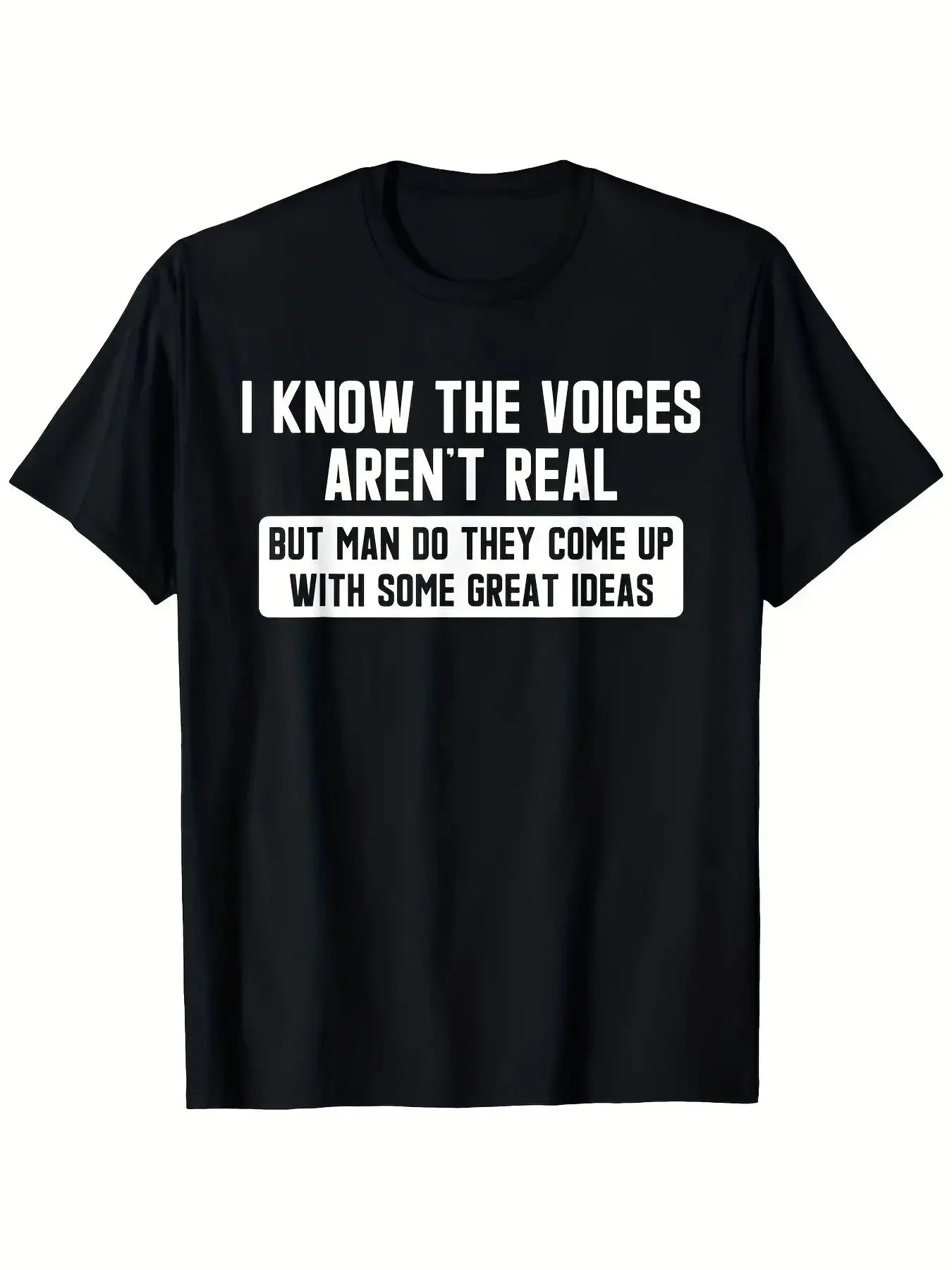 Men'S  Schizophrenia Awareness T-Shirt - I Know The Voices Aren'T Real Funny Retro Psychotic Humor Tee, Black White Crew Neck Casual Top with Slogan, Machine Washabsummer Essential, Perfect for Gifting