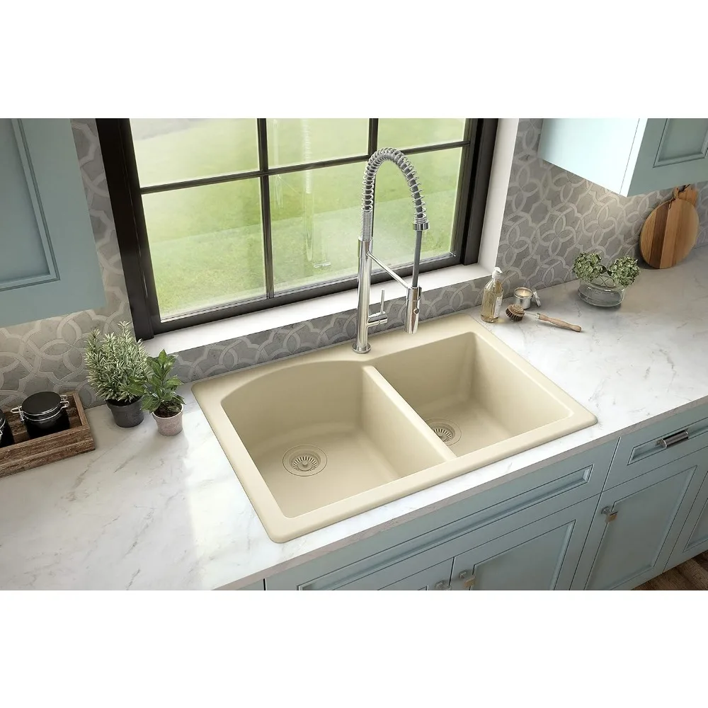 Drop-In Quartz Composite 33 in. 1-Hole 60/40 Double Bowl Kitchen Sink, 22