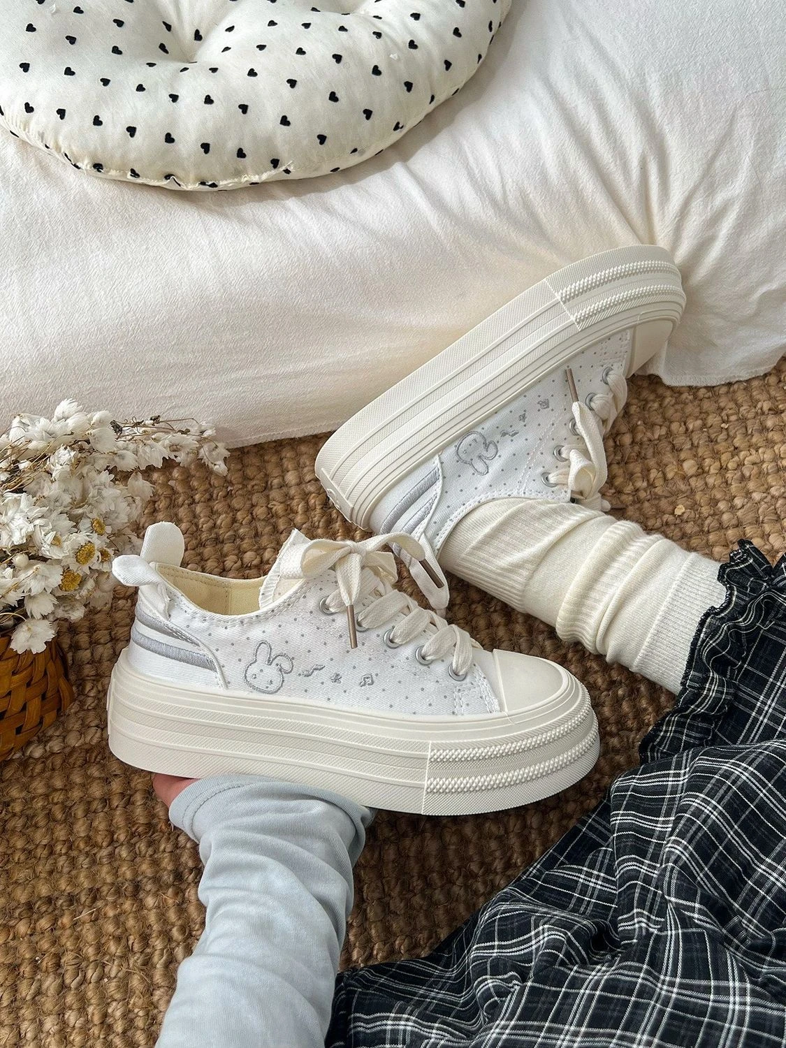Teen Campus Milky White Canvas Sneakers Damen Chunky Plimsolls Lovely Rabbit Elevated Shoes Woman Atmungsaktive Schnür-Sneaker – Detail 12