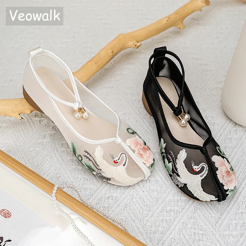 

Женские летние газовые балетки Veowalk с вышивкой в виде птиц, удобные повседневные прогулочные туфли в китайском стиле черного и белого цвета
