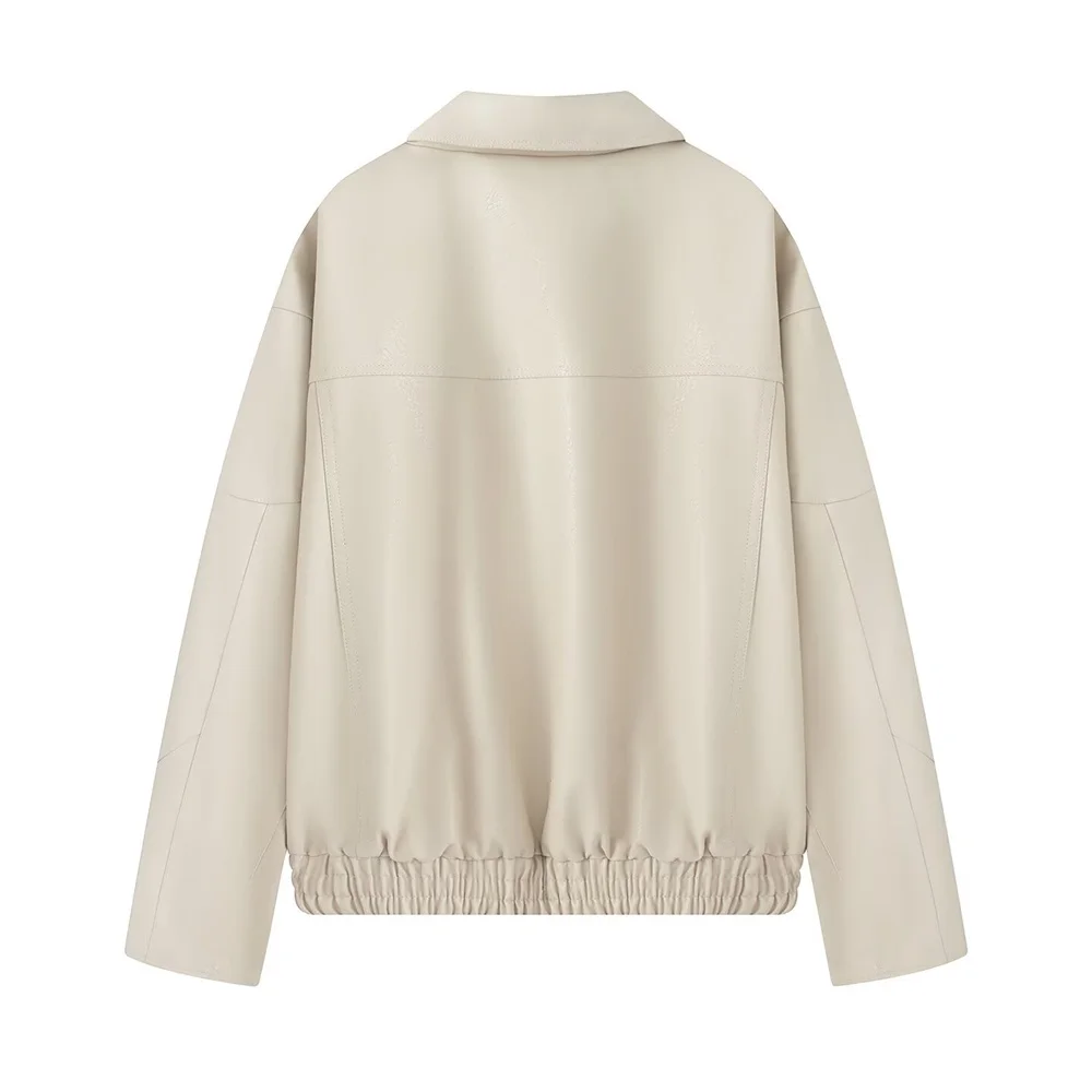 Damenbekleidung im europäischen und amerikanischen Stil, neue Mode, vielseitige, einfarbige, langärmelige, lockere Lederjacke mit Revers