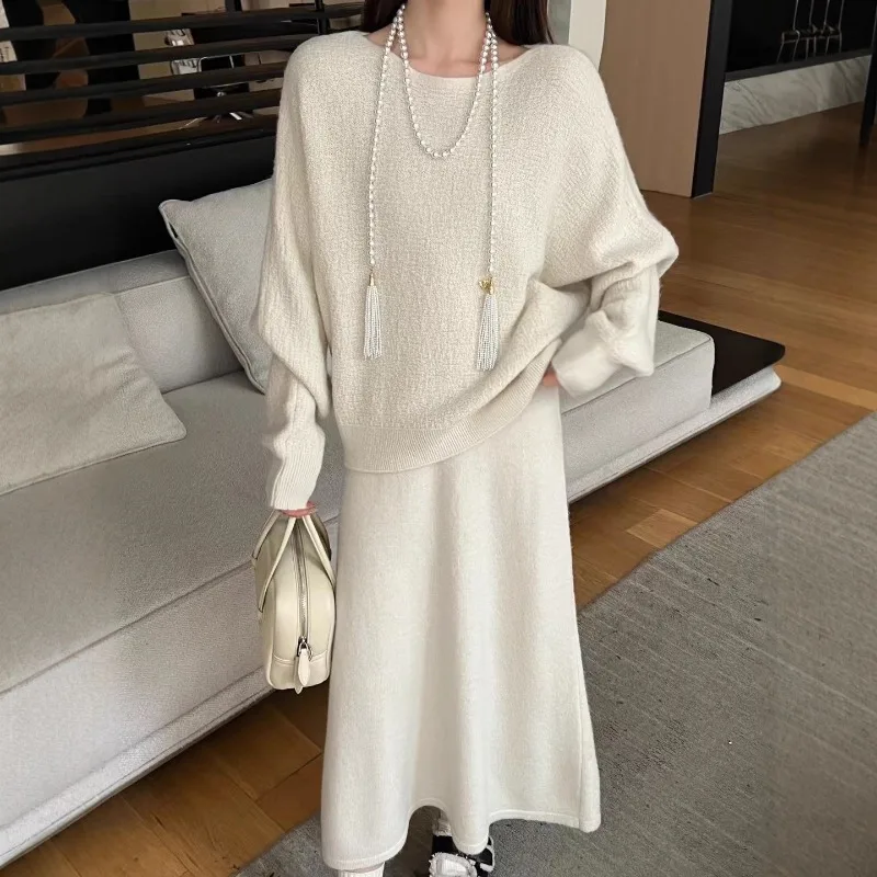 

Casual Loose Knitted 2-Piece Women's Suit New Korean Sexy Solid Long Sleeve Sweater+Elastic High Waist Maxi Skirt Set Woman