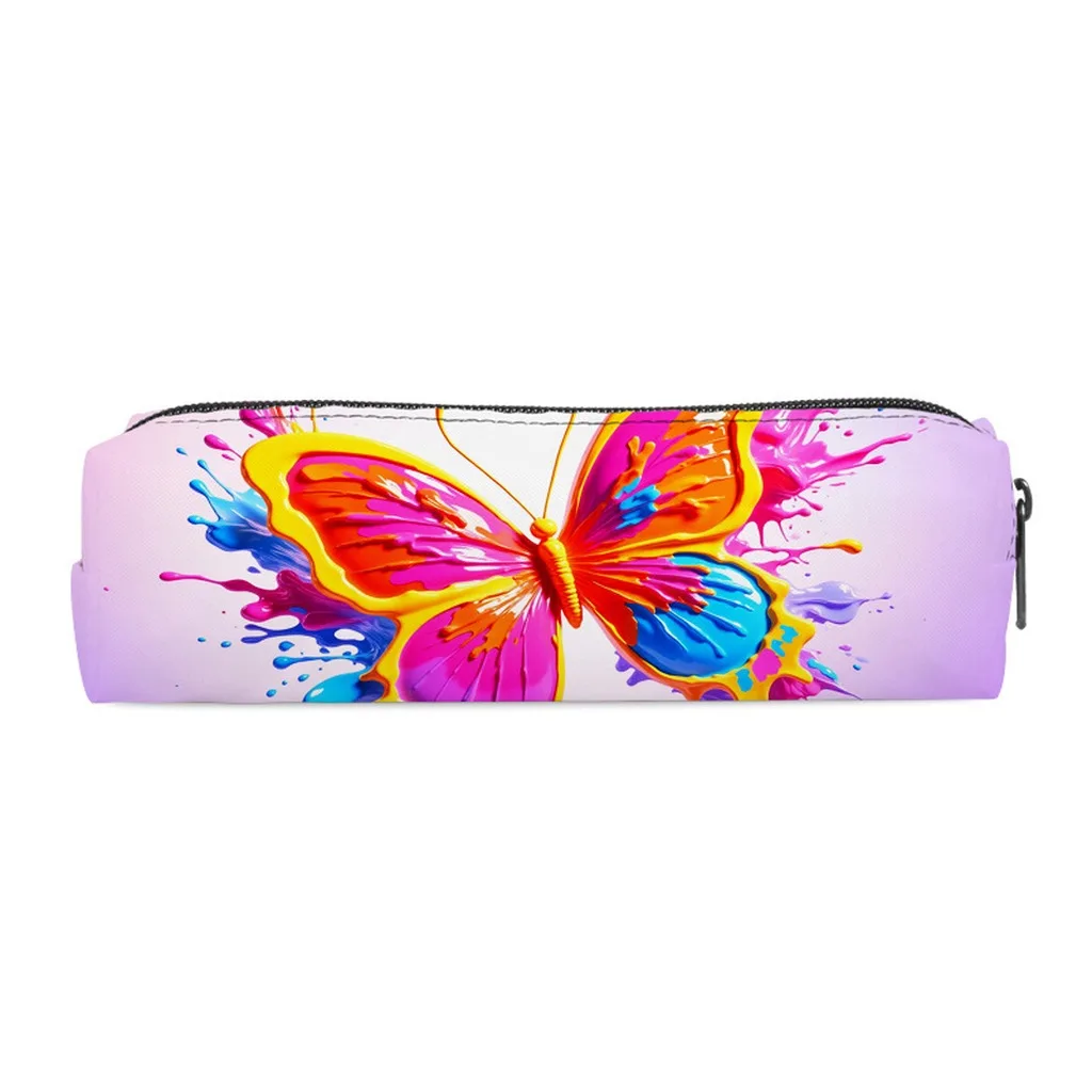 Cylinder Pencil Bag Large Kids Pencil Storage Bag Polyester Stationery Pouch Easy To Clean Butterfly Print Pencil Case For Daily