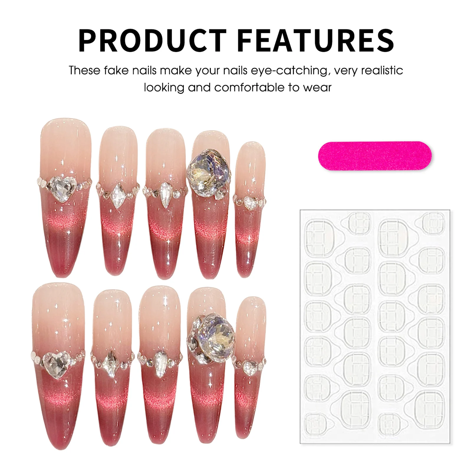 Handmade French Gradient Artificial Nail Tips Press On Acyrlic Nails 10pcs Rhinestones Fake Nails Long Pointed Cat's Eye Nails