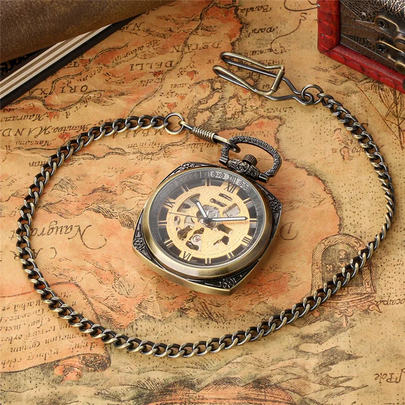 Classic Mechanical Pocket Watch Handwinding Skeleton Clock Roman Number Display Luminous Hands Timepiece with FOB Chain