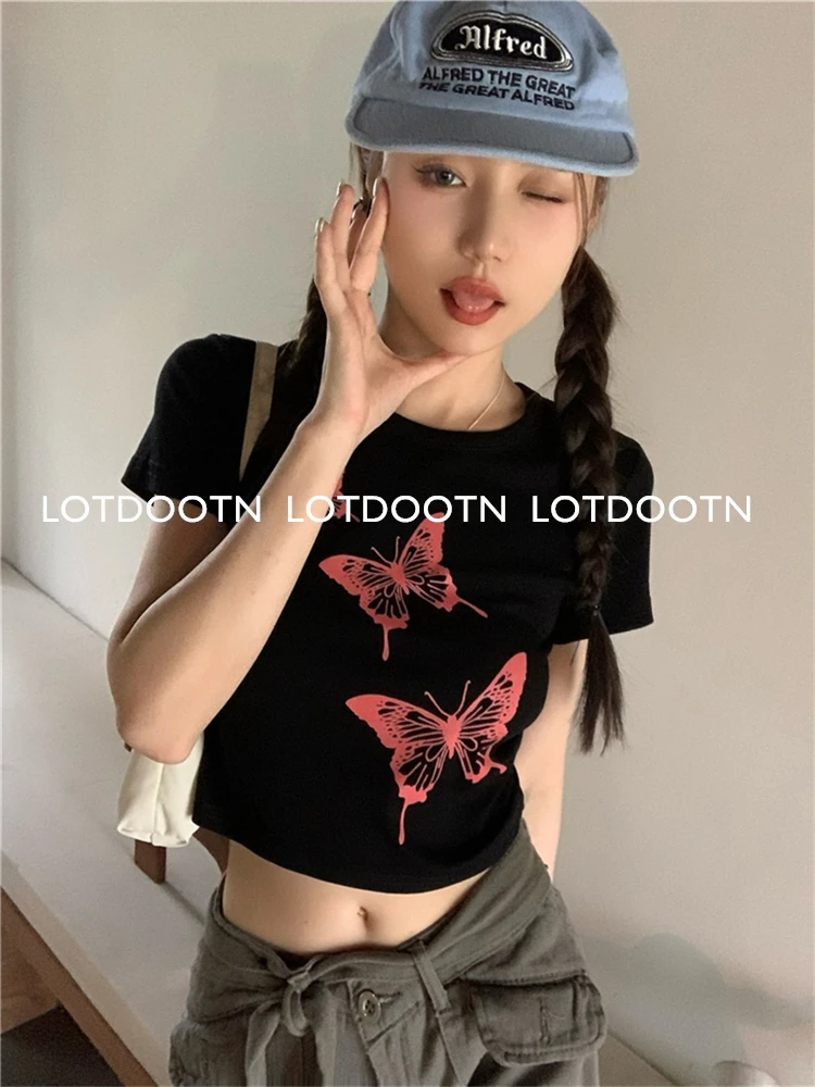 LOTDOOTN  Y2k Aesthetics Tops Pure Cotton Japanese Harajuku Tshirts 2000s Butterfly Print Short Sleeve T-Shirts Fairycore Tshirt