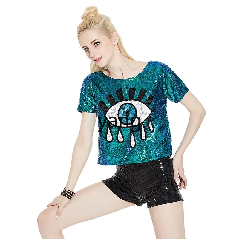 

LMM European and American style full sequins big eyes T-shirt open button short sleeve versatile loose top women