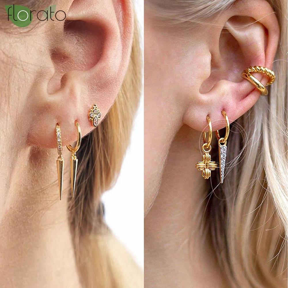 Pendientes de aro con colgante de cono de roca para hombre y mujer, aretes individuales de cartílago, joyería para Piercing de Hip Hop, aguja de Plata de Ley 925