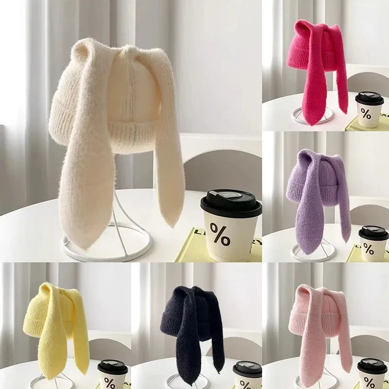 Cappello con orecchie lunghe Cappelli lavorati a maglia all'uncinetto Cappello da coniglietto carino Cappelli con orecchie di coniglio per donna Berretto caldo invernale