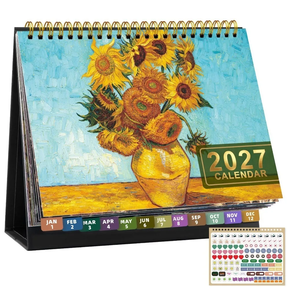 Floral Pattern 2027 Desk Calendar Standing Design Spiral Bound Standing Flip Calendar Coil Binding Decorative Table Calendar