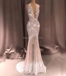 Luxury Deep V Neck Strap Prom Dress 2022 Handmade Diamond Beaded Embroidery Small Trailing Floor Party Dress Supports Customized