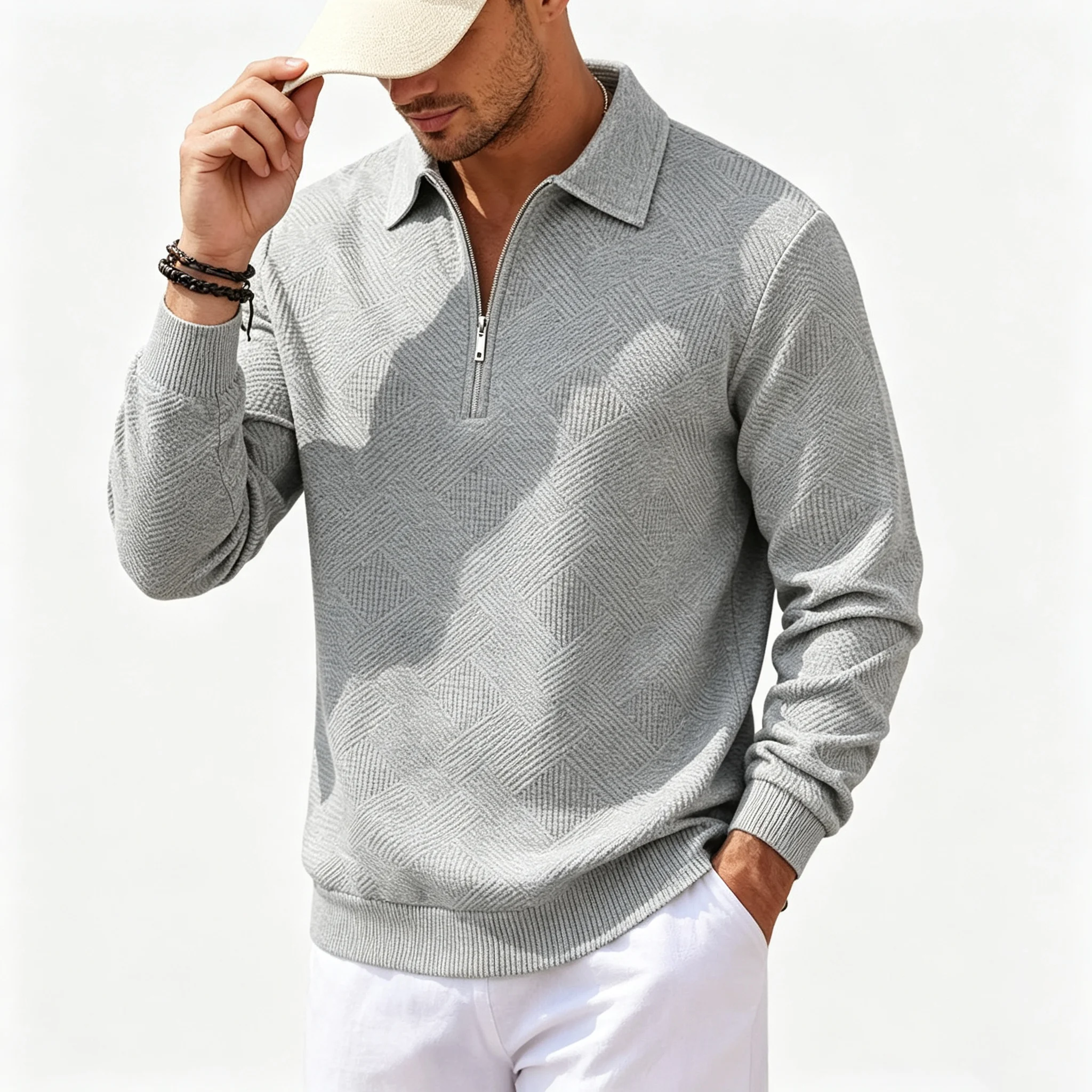 Men's Quarter Zip Knit Sweater Polo Collar Long Sleeve Pullover Casual Solid Color Lightweight Jumper Spring Autumn
