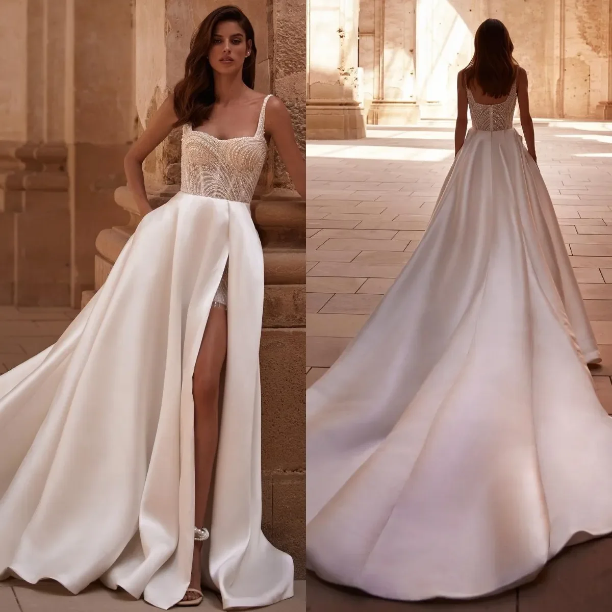 

Luxury A Line Dress Straps Pearls Wedding Dresses Beading Backless Ruffle Vestidos De Novia Split Illusion Designer Bridal Gowns