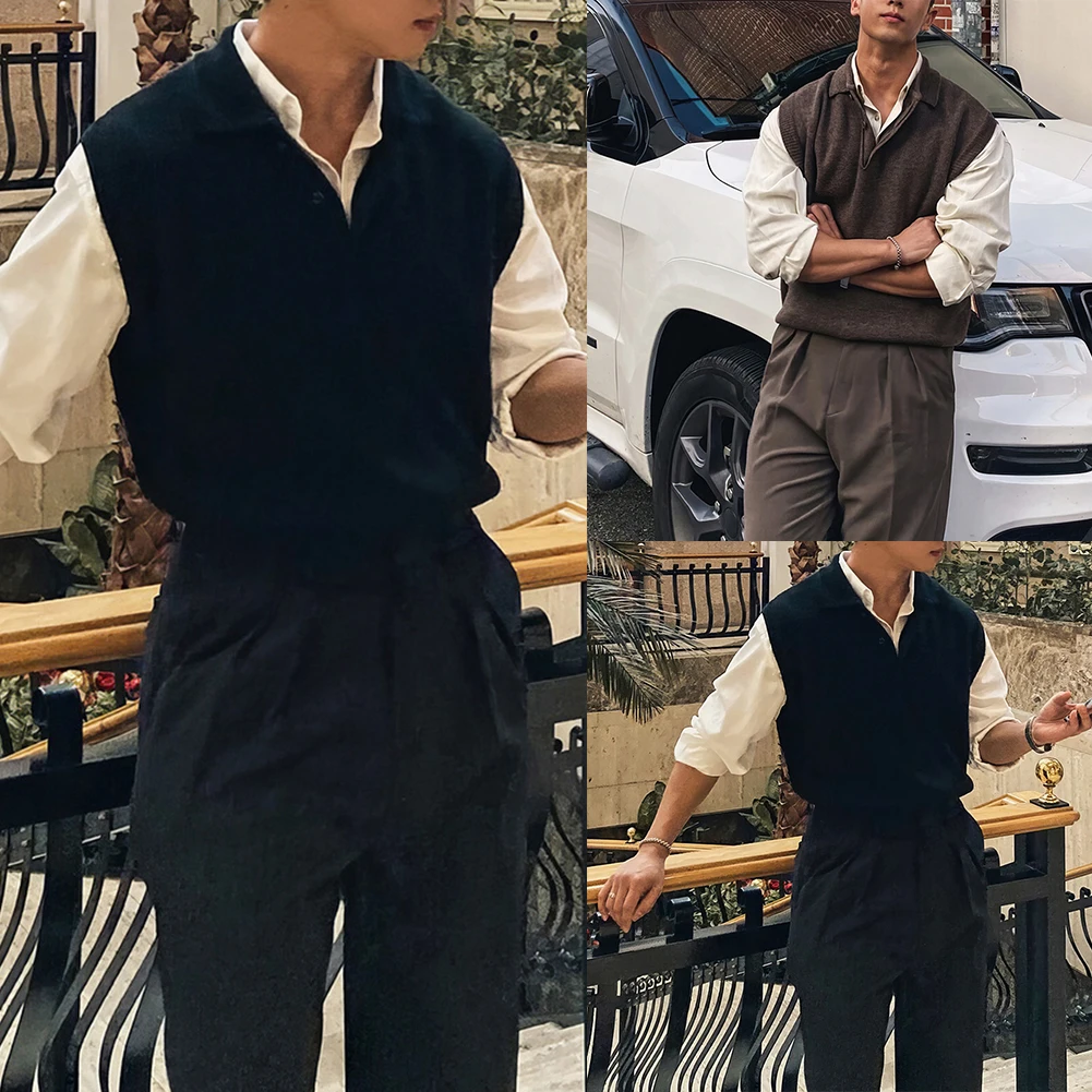 

Men Vintage Knitted Sweater Vest Solid Sleeveless Lapel Business Casual Pullover