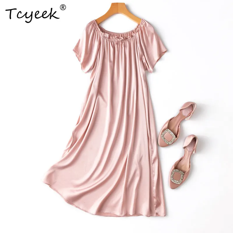 

Tcyeek 100% Mulberry Silk Sexy Dress Ladies Suspender Night Gown Sleepwear for Women Summer Women's Home Clothes Vestidos Mujer