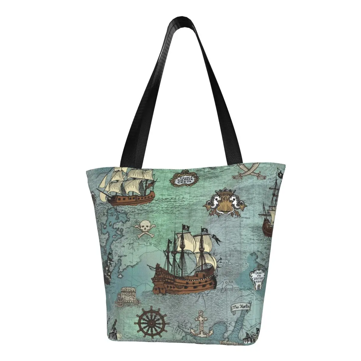 Custom Pirate Map Nautical Sea Print Canvas Shopping Bags Women Durable Grocery Skull Sailor Tote Shopper Bags