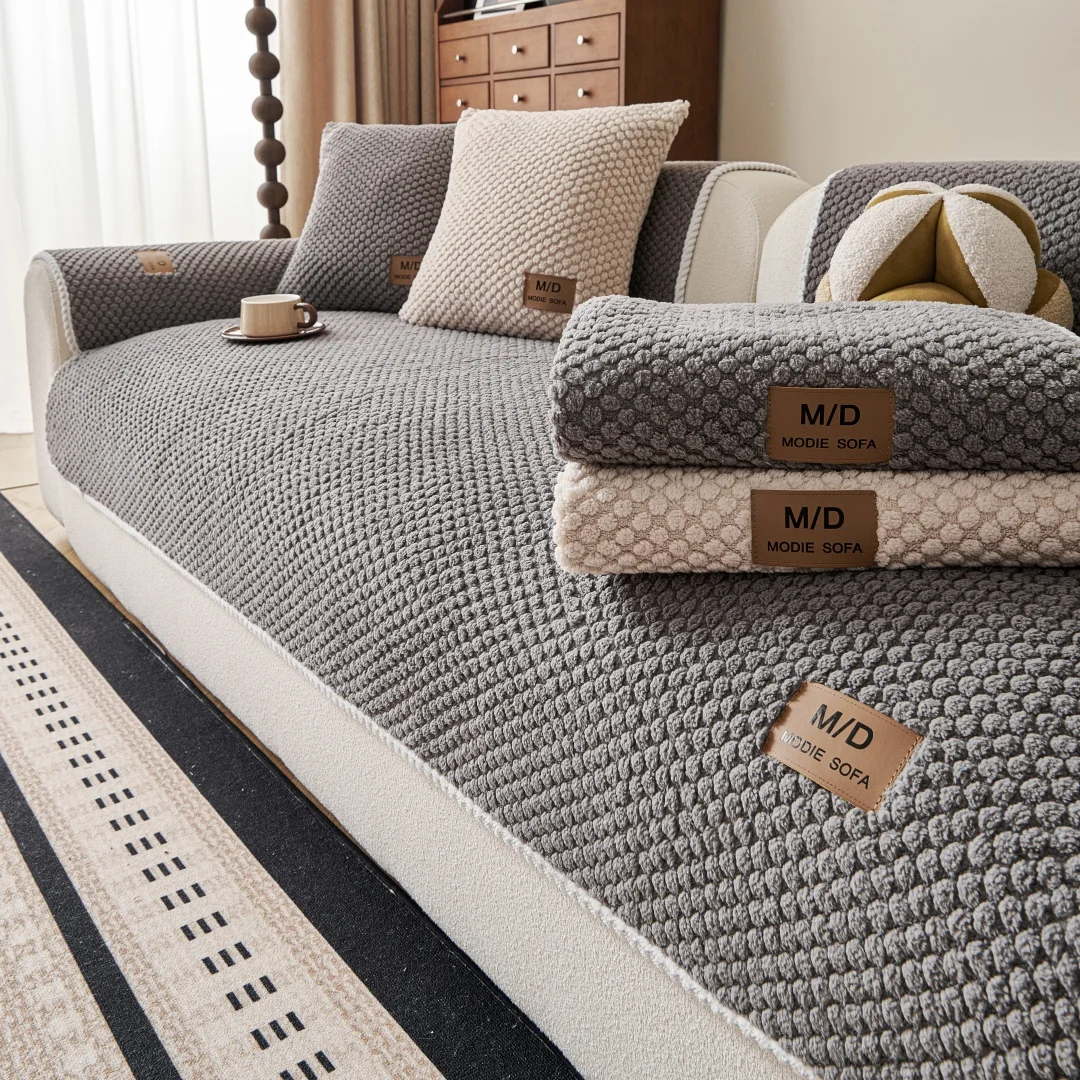 1pc Thicken Warm Solid Dots Jacquard Tuffed Fleece Anti-Slip Sofa Cover PU label Decor Living Room Pet Friendly Couch Seat Cover