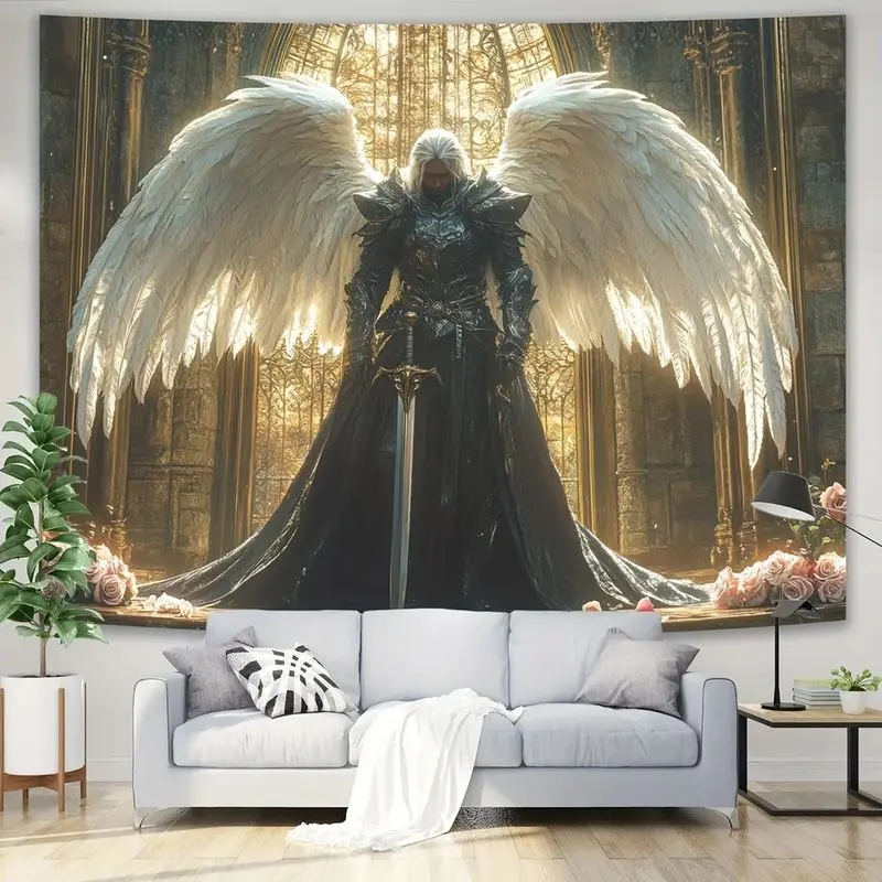 VIKAMA European American Angel Knight Tapestry, Gothic Fantasy Wall Hanging, Aesthetic Living Room Bedroom Office Decor
