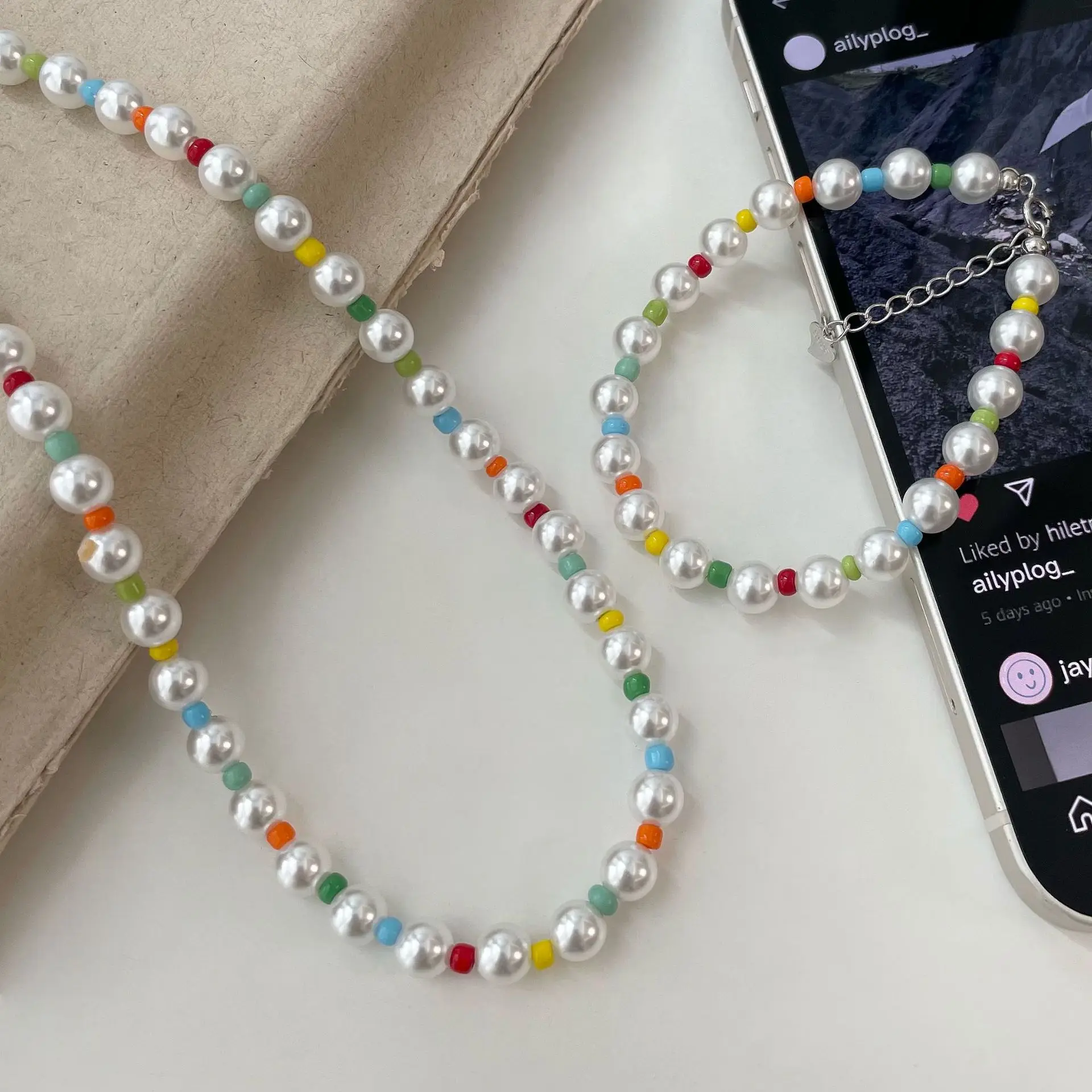 S925 sterling silver dopamine colored bead Shijia pearl bracelet necklace with small and fresh ins simplicity