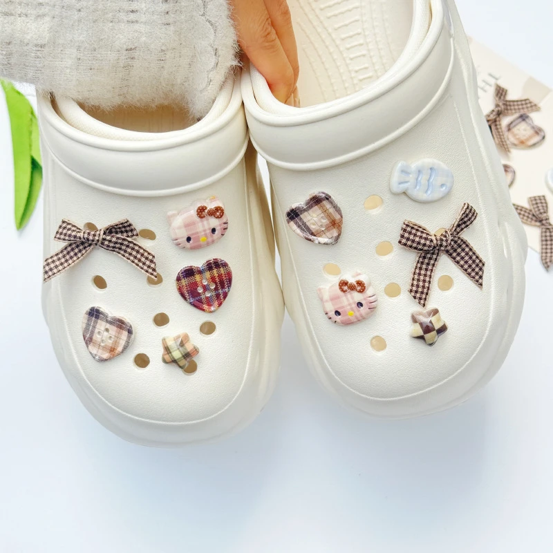 New Hello Kitty Shoe Accessories Grid, bow tie Accessories kawaii Anime Decoration Cartoon DIY Xmas Party Gifts Favors