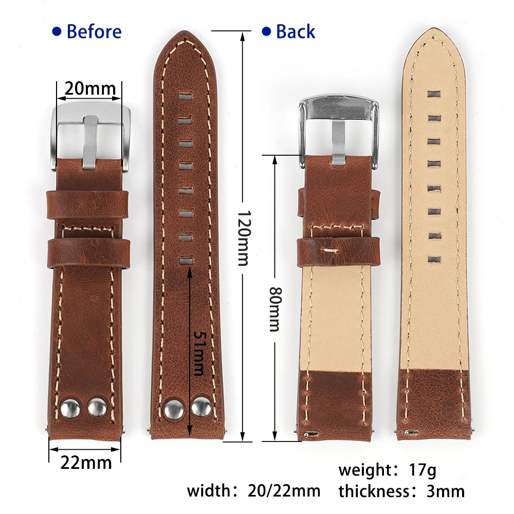 Retro Cowhide Watch Strap 20mm 22mm Brown Coffee Genuine Leather Rivet Watch Band Replacement Belt for Men Women
